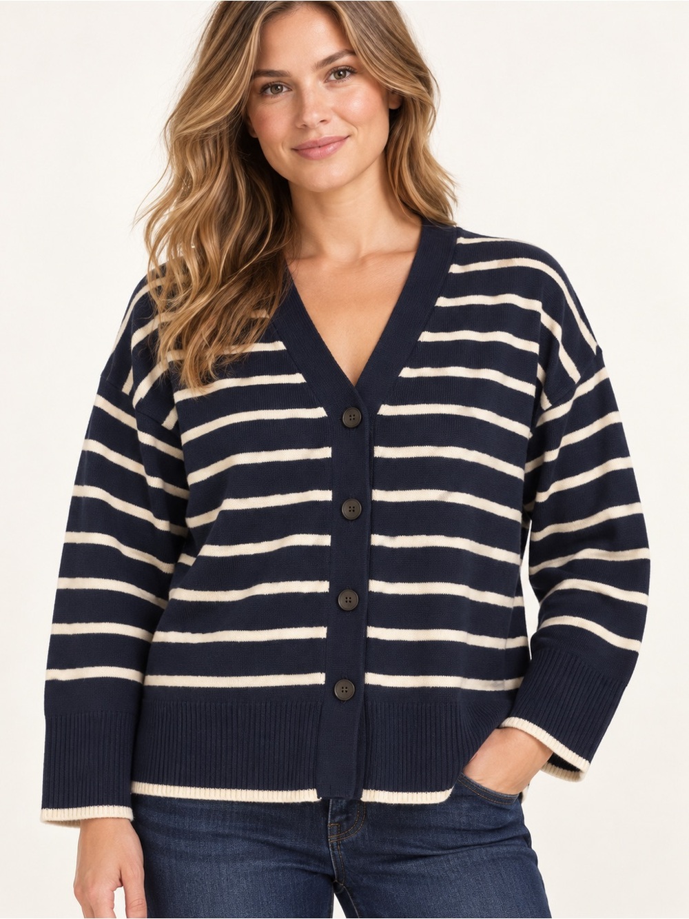 Lane Bryant Navy and Cream Striped V-Neck Button Cardigan 14/16 Size
